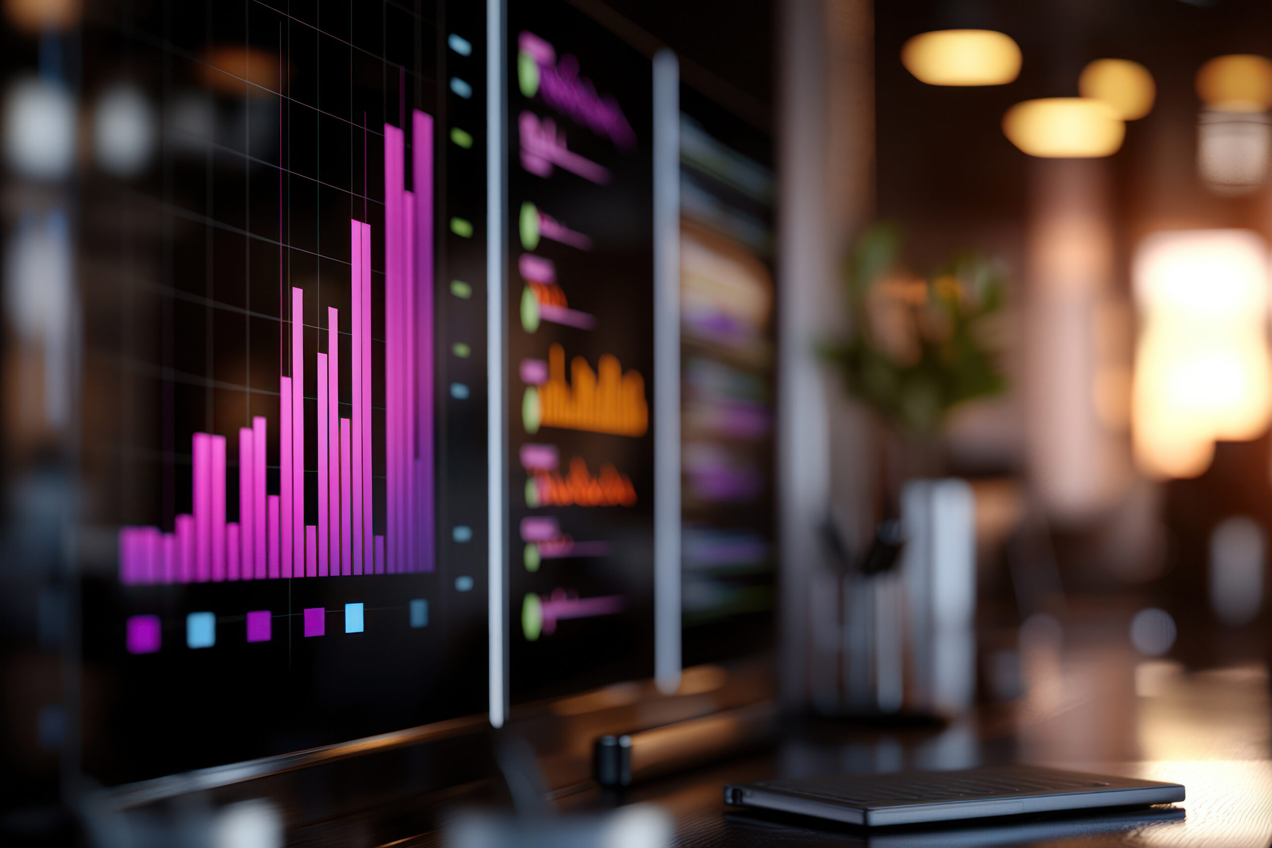 Home financial data displayed on computer monitors in a modern office