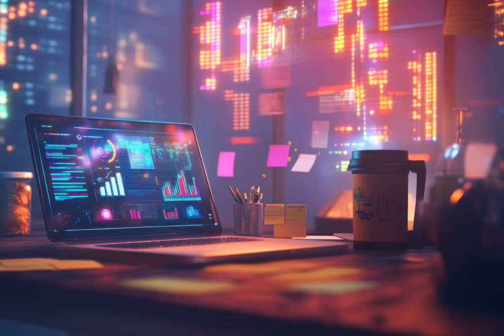 Why genSTREAMED a modern workspace with a laptop displaying data analytics and colorful sticky notes.
